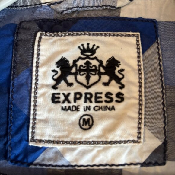 Mens Express LS Western Snap Plaid Shirt Blue & White Checkered Size M Vtg - Picture 8 of 9